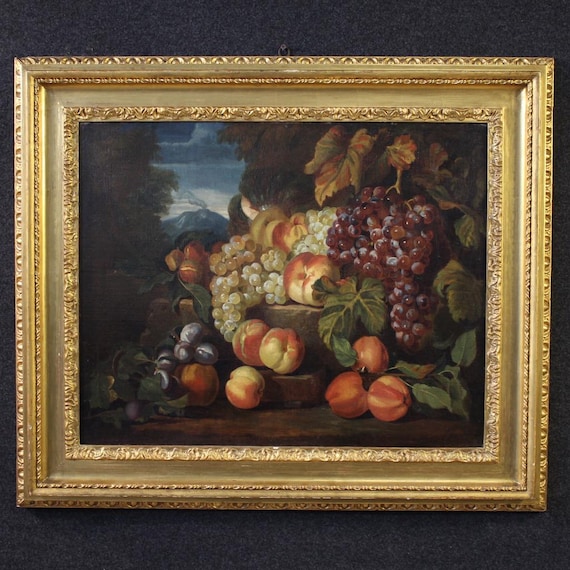Antique still life fruits artwork oil on canvas Italian painting 18th century