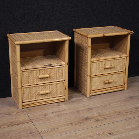 Pair of modern Italian bedside tables in rattan and bamboo night stands 1980s