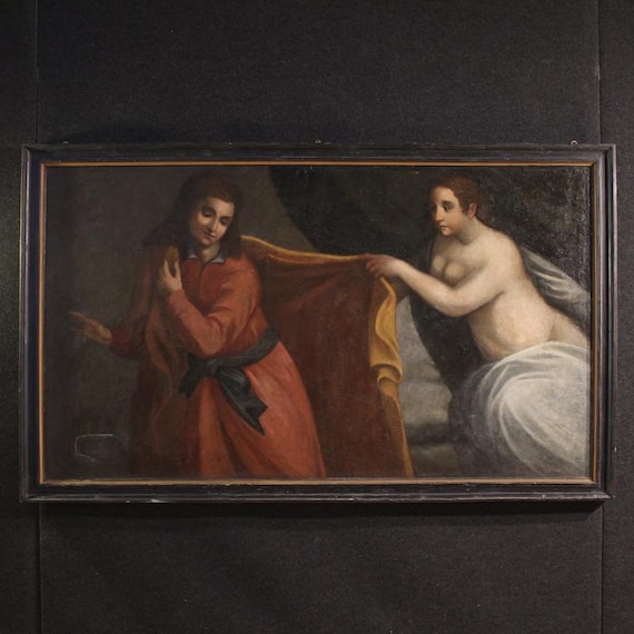 Antique Italian painting biblical artwork Joseph Potiphar's wife 17th century