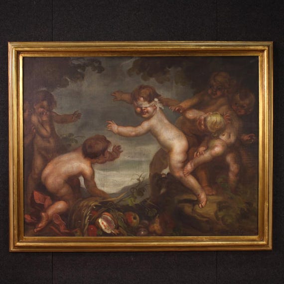 Painting signed Mattia Traverso artwork oil on canvas cherubs game 20th century