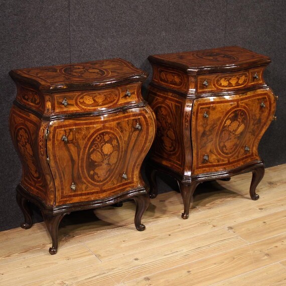 Pair of inlaid night stands furniture Lombard bedside tables Louis XV style
