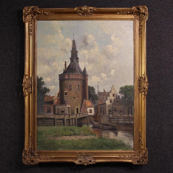 Dutch painting oil on canvas artwork landscape view Hoorn city 20th century