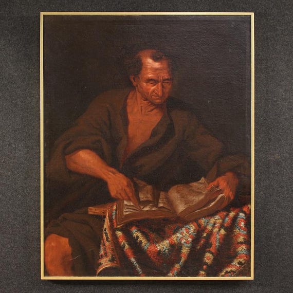 Antique oil painting on canvas philosopher in his study portrait 17th century