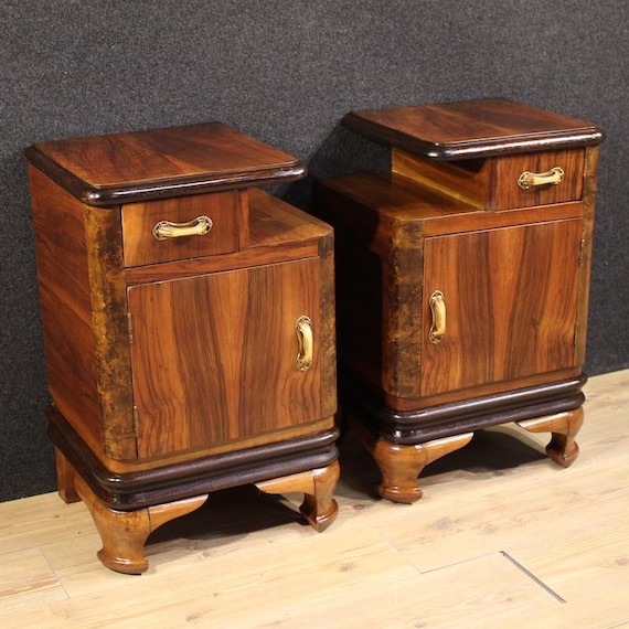 Pair of Italian night stands in wood furniture bedside tables 20th century