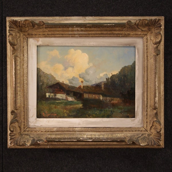 Tableau paysage montagne signé peinture huile sur masonite cadre style ancien