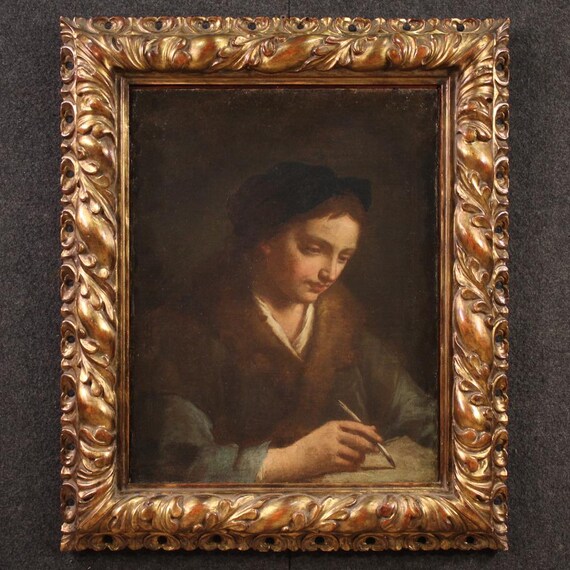 Antique Italian painting artwork oil on canvas with frame portrait 17th century