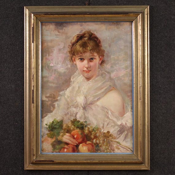 Italian painting young girl portrait oil on canvas signed artwork 20th century