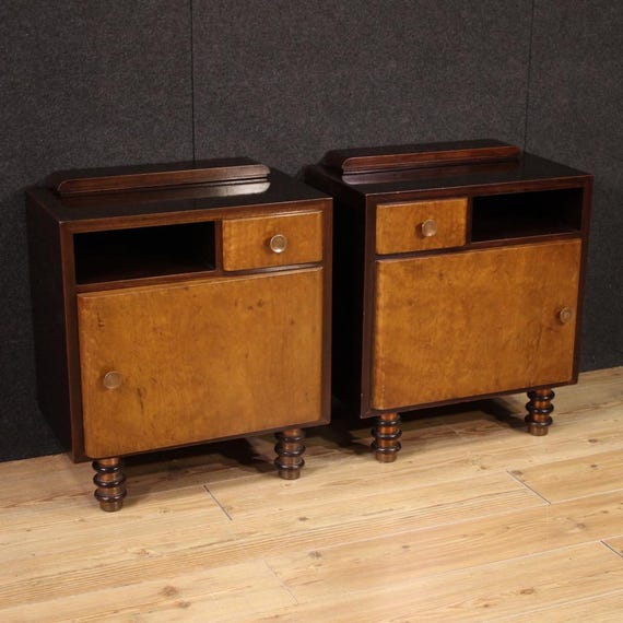 Pair of night stands in mahogany wood furniture Italian bedside tables 60s