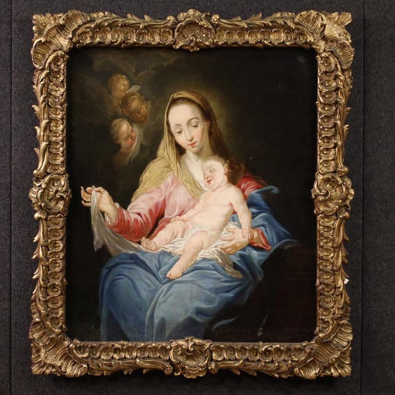 Madonna with child antique painting religious artwork oil canvas 18th century