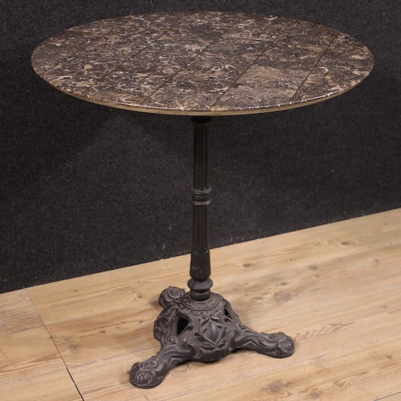 French round bistro table iron furniture with marble top from 20th century