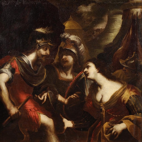Mythological painting Achilles Agamemnon Briseis antique canvas 17th century