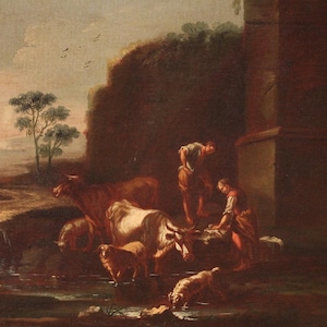 Landscape antique painting oil on canvas bucolic artwork Italian 17th century