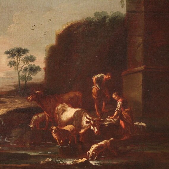 Landscape antique painting oil on canvas bucolic artwork Italian 17th century