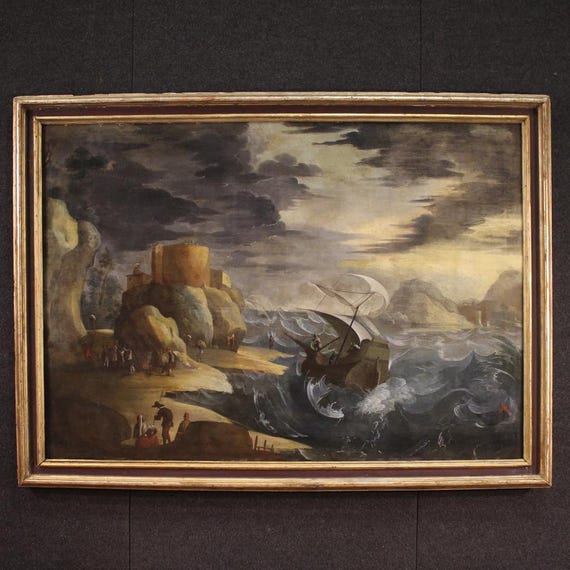 Antique seascape painting oil on canvas artwork storm ship boat 17th century