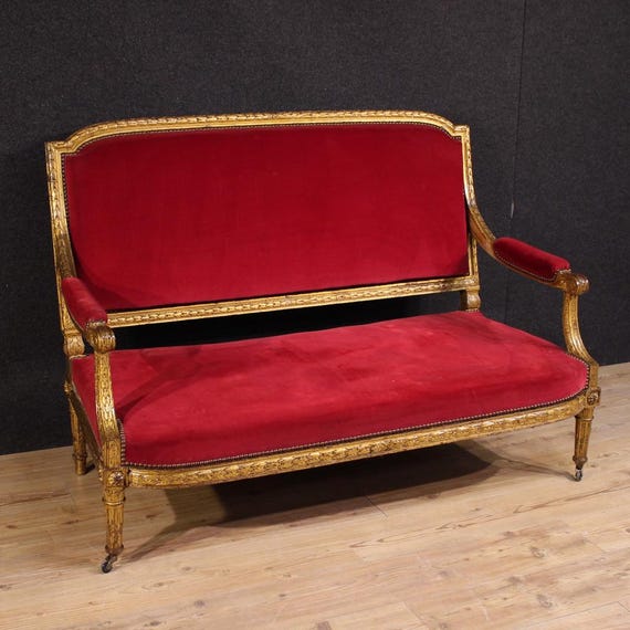 Antique French sofa Napoleon III gold wood red velvet 19th century couch