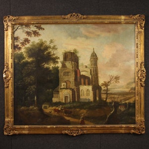 Antique painting framework oil on canvas landscape with frame 700 18th century