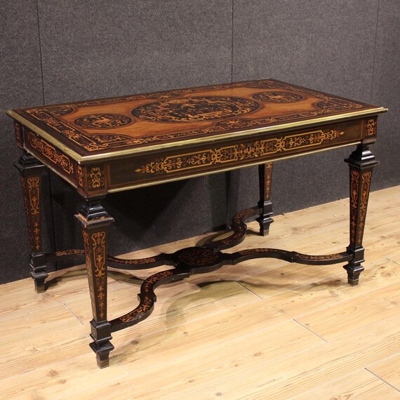 French writing desk table in inlaid wood furniture antique style 20th century