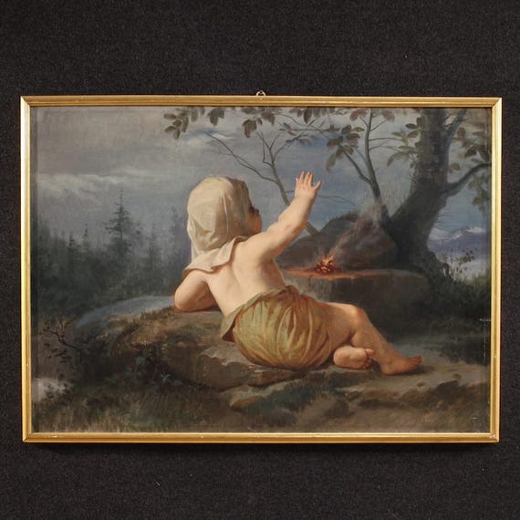 Antique painting oil on canvas winter artwork with frame 19th century
