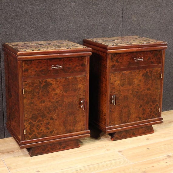 Pair of Italian night stands furniture bedside tables marble top 20th century