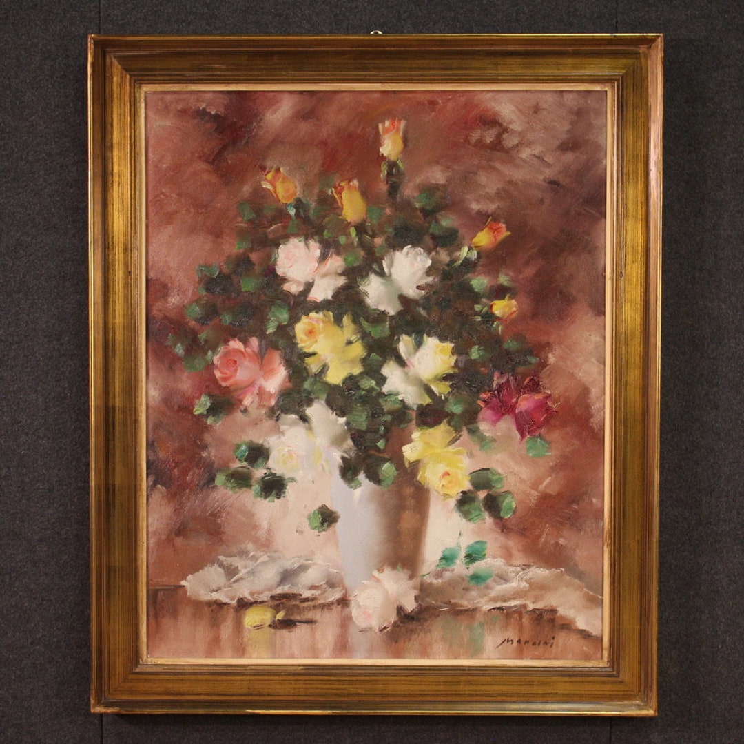 Still Life Vase Flowers Signed Painting on Canvas Artwork Art 20th ...