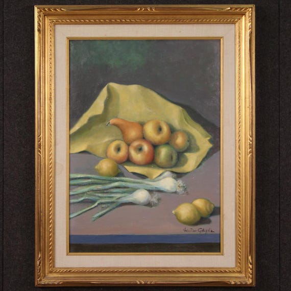 Italian still life signed painting oil canvas fruit framework 40s 20th century