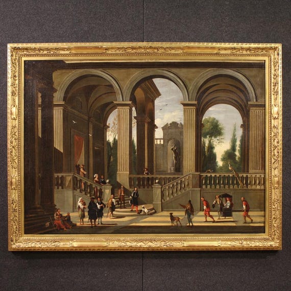 Capriccio antique artwork architecture painting oil on canvas 17th century