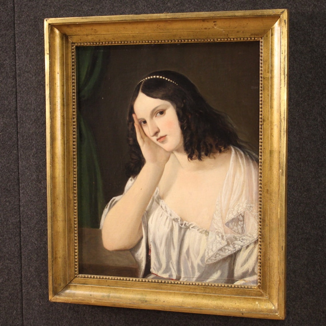 Antique Portrait Young Lady Painting Woman Oil on Canvas Framework 19th ...