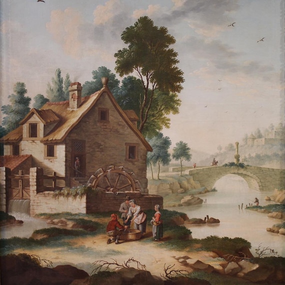 Landscape antique painting oil on canvas Italian artwork countryside 18th cent