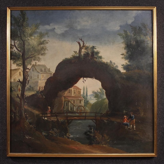 French antique painting artwork oil on canvas landscape 18th century art