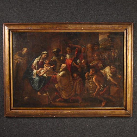Adoration of the Magi religious painting Italian oil on canvas 17th century