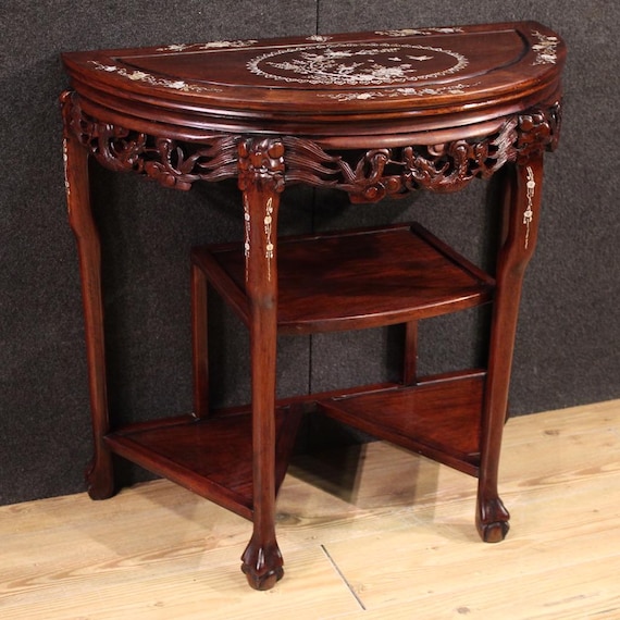 Chinese console furniture half moon table inlaid wood oriental 20th century