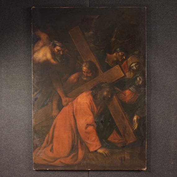 Antique Italian painting religious artwork Station Cross oil canvas 17th cent