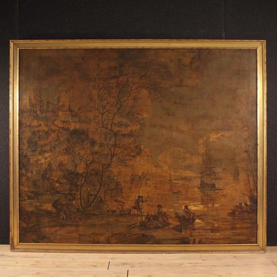 Great 18th-century Italian painting, landscape with a view of a harbor and sailing ships
