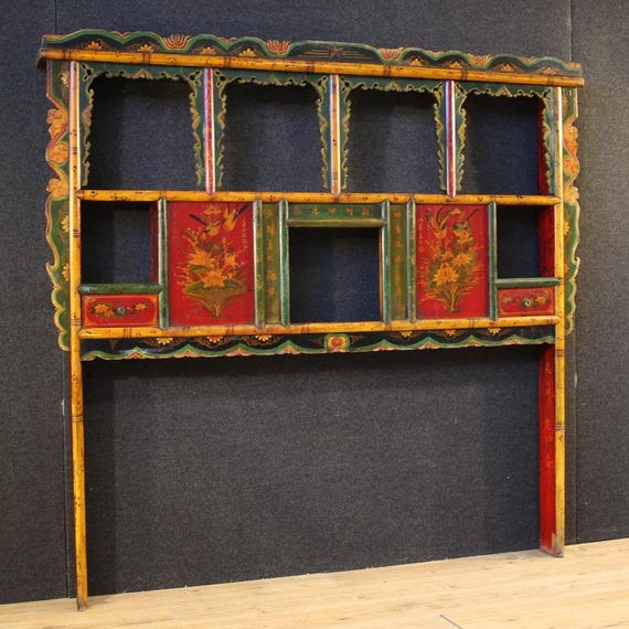 Chinese bed headboard oriental furniture lacquered painted wood 20th century
