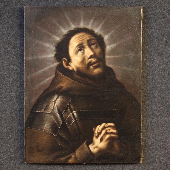 Antique painting artwork oil canvas religious Ecstasy Saint Francis 18th cent