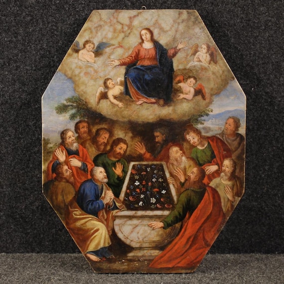 Ancient oil painting on marble from the 16th century, Assumption of the Virgin