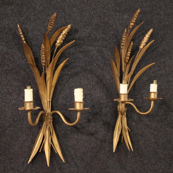 Pair of French wall lights gilded iron antique style chandeliers 20th century
