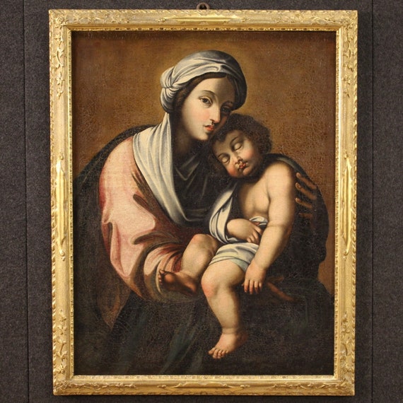 Religious painting Virgin with child framework oil on canvas 700 18th century