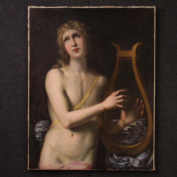 Antique mythological painting oil canvas Apollo playing the lyre 17th century