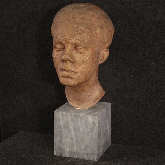 Terracotta sculpture with marble base portrait head statue 20th century art