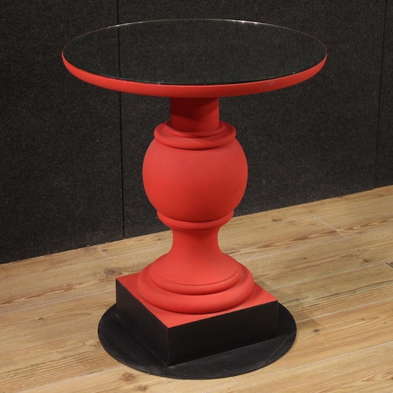 Side table furniture red painted wood living room round mirror top 20th century