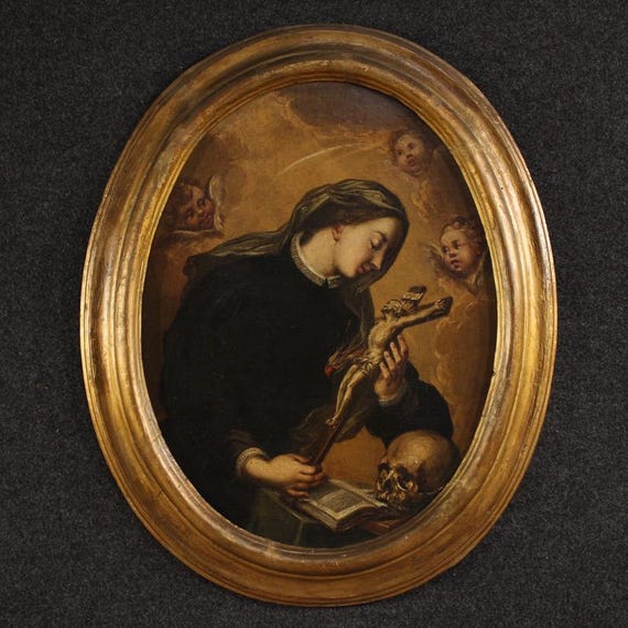 Antique oval painting oil on canvas Saint Catherine of Genoa 17th century