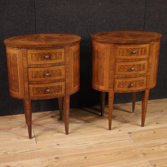 Pair of oval night stands furniture bedside tables inlaid antique style 20th