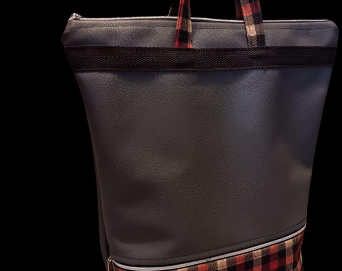 Gray and red plaid double zipper tote