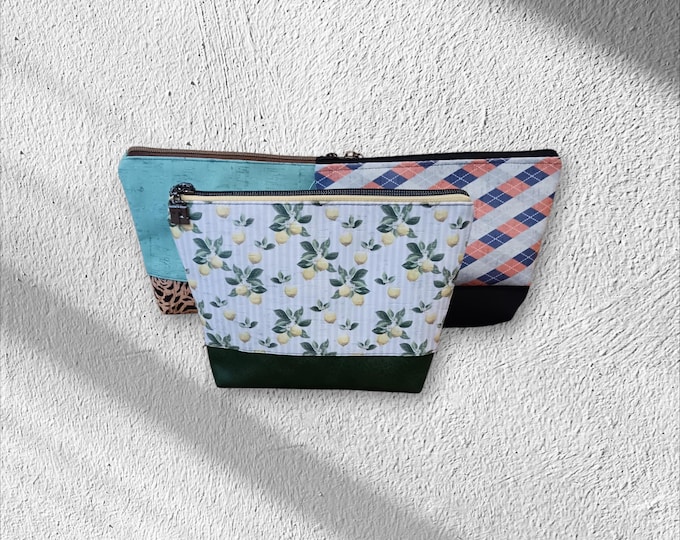 Cork and Faux Leather Zipper Pouch: Cosmetic and Brush Organizer