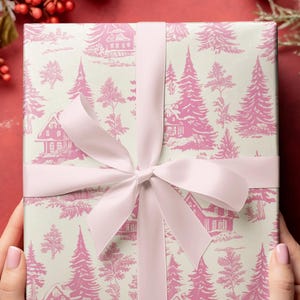 Pink Toile Wrapping Paper Roll Vintage Trees Cottage Pattern Gift Wrap for Christmas, Birthdays