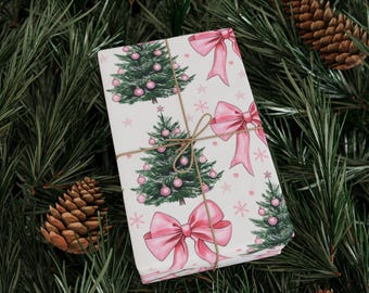 Christmas Wrapping Paper with Pink Bows and Trees, Holiday Gift Wrap, Coquette