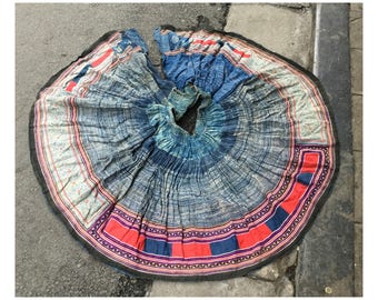 Vintage Hmong Hemp Skirt, Tribal Embroidery, Handwoven Textile