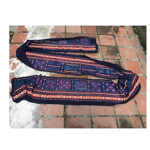 Vintage tribal Hmong  hand embroidered batik hand dyed indigo cotton fabric table runner in the north of Vietnam