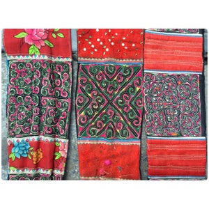 Vintage tribal Flower Hmong embroidered cotton pieces in the north of Vietnam